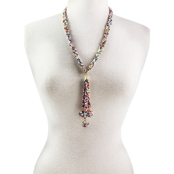 Vintage 70s Hong Kong Beaded Tassel Necklace — Bold Boho Western Statement - Picture 2 of 7